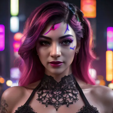 masterpiece, close-up shot, intricate photo, photo of a beautiful cyberpunk model, photo realistic, hyper realistic, highly detailed, sharp focus, colorful, neon-colors, cozy outdoor lighting, front light, studio quality, high resolution, best quality, 8K,...