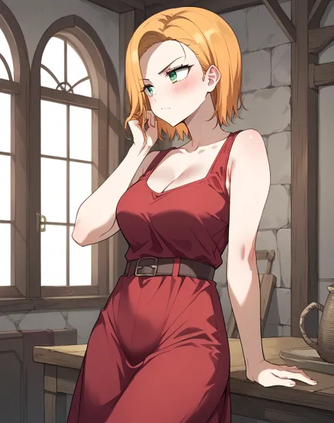 liana_de_grantz, orange hair, short hair, green eyes, red dress, sleeveless, cleavage BREAK indoors, medieval BREAK hand near hair, adjusting hair, looking away, tsundere, blush, cowboy shot BREAK score_9, score_8_up, score_7_up, source_anime ,zPDXL, <lora...