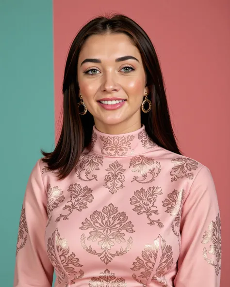 cowboy shot photo of Amy Jackson woman,candid photo with natural colors, grinning expression on face,studio quality, wearing intricate conservative turtleneck Pink Anarkali Suit, straight hair, pastel shaded multicolored background, cinematic soft lighting...