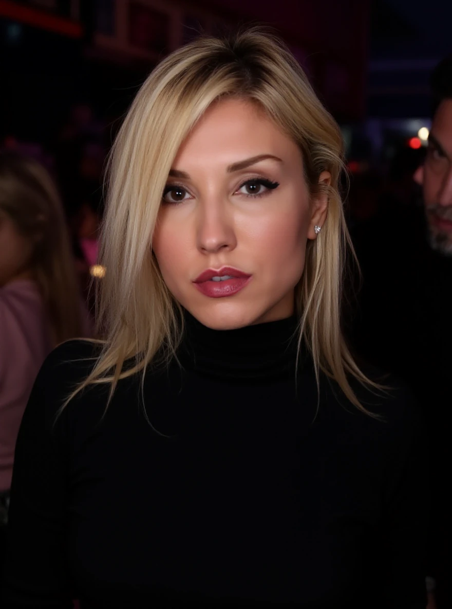 Portrait photo of p13tr4pr1nc1p3 woman, black turtleneck blouse, in a night club, makeup, smile

