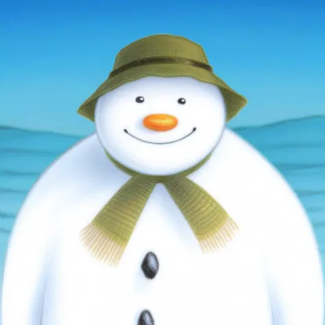 1boy, solo, sn0wman, snowman, looking at viewer, smile, closed mouth, upper body, black eyes, orange nose, hat, scarf, buttons, outdoors, sky, snow,