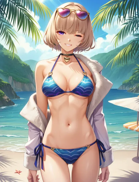  (masterpiece, best quality), absurdres, (masterpiece), best quality, game cg,  absurdres, anime style, newest, score_9_up, score_8_up, score_7_up, score_6_up, score_5_up, score_4_up, score_3_up BREAK Violette_Szand, beach, ((sexy bikini, bikini, sunglases...