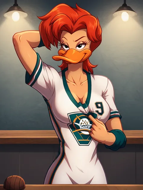 score_7, score_8, score_9, detailed background,inside,sportsbar,on bar stool,,lights,,ultra high detailed,masterpiece,full body, BREAK Solo, 1girl,female,seductive eyes,long eyelashes,half closed eyes, furry,anthro, <lora:Mallory_McMallard_Might_Ducks:0.8>...