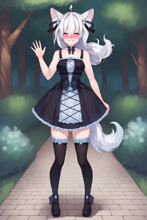 score_9, score_8_up, score_7_up, score_6_up, BREAK, PookyBooVTPXLv2, pink eyes, white hair, long hair, hair between eyes, hair ornament, ahoge, animal ears, animal ear fluff, black choker, medium breasts, bare shoulders, black ribbon, black dress, black ri...