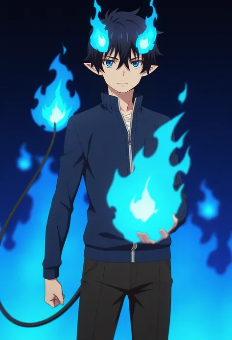 masterpiece, best quality, intricate details, anime screencap, , , , depth of field, 1boy, solo, male focus, <lora:rin_okumura_ilxl:0.82>, rin_okumura, black hair, blue eyes, short hair, pointy ears, hair between eyes, tail, blue fire, ,