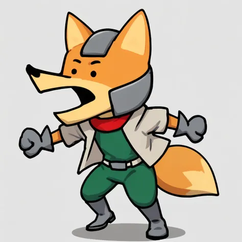 <lora:Terminal_Montages_Something_about_-_Fox_Mccloud_Lora:1> tmfox, fox, fox ears, solo, 1boy, headgear, black eyes, black nose, grey gloves, grey boots, red kerchief, grey jacket, green jumpsuit, tail, fox tail, white background, mouth open, open mouth, ...