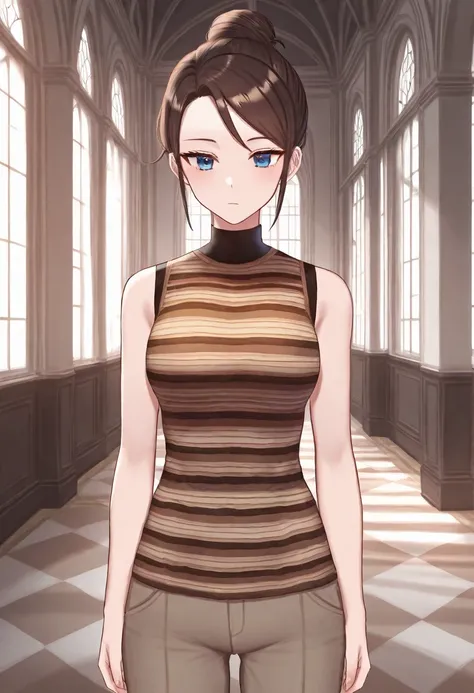 masterpiece,best quality,Nwagnerl,<lora:NWagnerLIllustrious:0.9>,1girl,standing,short hair,brown hair,blue eyes,hair bun,indoors,mansion,striped shirt,sleeveless,pants,cowboy shot,facing viewer,expressionless