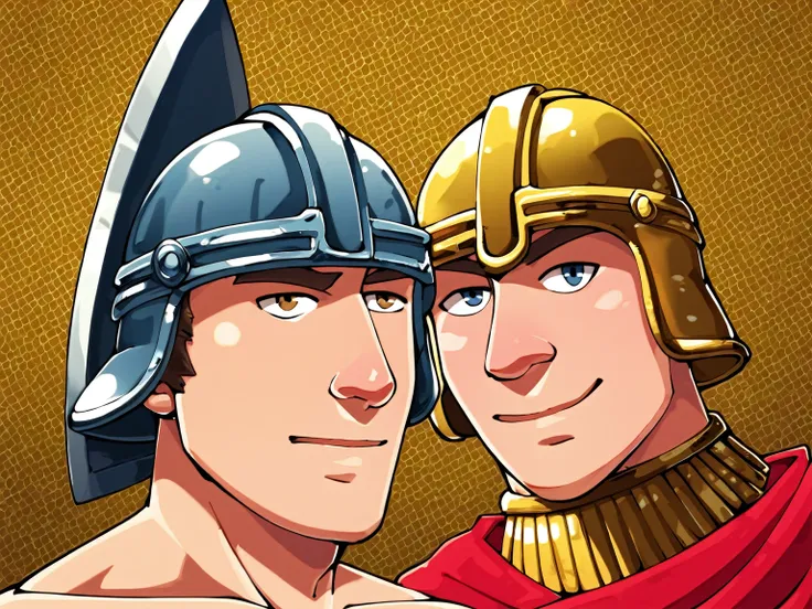 score_9, score_8_up, score_7_up, score_6_up, horrhist, Greek hoplite, male focus, 1boy, male, light smile, helmet, gold helmet, holding weapon, spear, shield, light smile, 2d, flat color, detailed background, <lora:Horrible_Histories_Artstyle:1.2>