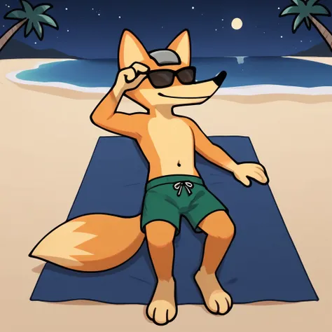 <lora:Terminal_Montages_Something_about_-_Fox_Mccloud_Lora:1> tmfox, fox, fox ears, solo, 1boy, beach, night, sunglasses, headgear, green swimming trunks, lying, on back, beach, beach towel, palm trees, smile