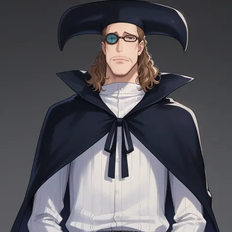 score_9,score_8_up,score_7_up,source_anime,BREAK, 1boy, solo, Van Augur, tall, slim, brown hair, black eyes, glasses, emotionless, facial hair, hat, shirt, pants, cape, facing_viewer, simple_background