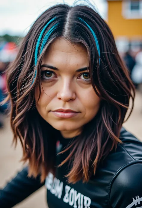 A cinematic close up photograph of snubs, 18 yrs old, 5ft tall with shoulder length black hair with rainbow hightlights. She is wearing attire appropriate for motor bike racing.  