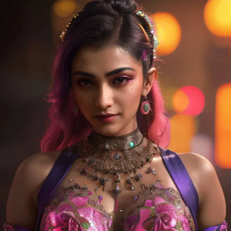 masterpiece, close-up shot, intricate photo, photo of a beautiful indian cyberpunk model with beige skin, photo realistic, hyper realistic, highly detailed, sharp focus, colorful, neon-colors, cozy outdoor lighting, front light, studio quality, high resolu...