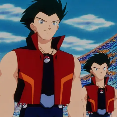 sleeveless, sleeveless red jacket, blue pants, sleeveless black shirt, necklace with poké ball, , pokemon (classic anime) male focus, black hair, short hair, blue eyes, silver buckle, bare shoulders, muscular male, brown fingerless gloves, tall male, black...