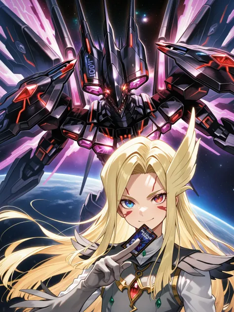 1boy,1other,space,
BREAK glowing eyes,black mecha dragon,galaxy-eyes tachyon dragon,sharp teeth,
BREAK mizael,card,holding card,1boy,male focus,facial tattoo,heterochromia,smile,grey gloves,grey vest,looking at viewer,
masterpiece,best quality,amazing qual...