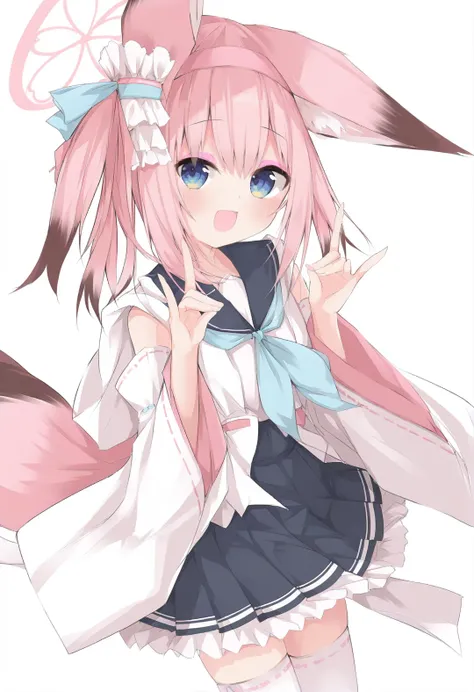 1girl, 
fox ears, solo, long hair, pink hairband, hair ornament, fox shadow puppet, thighhigh, bowtie, looking at viewer, white thighhighs, eyeshadow, extra ears, sleeveless shirt, miniskirt, sleeveless, virtual youtuber, blue bow, ribbon-trimmed legwear, ...