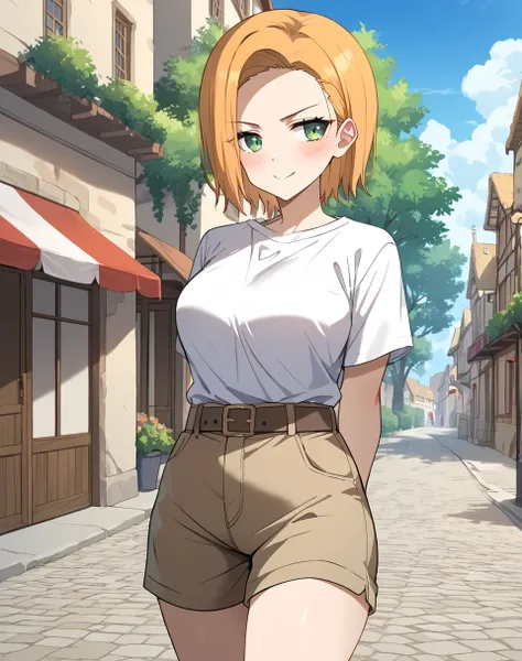 liana_de_grantz, orange hair, short hair, green eyes, white top tank, brown shorts, belt  BREAK outdoors, medieval, town street  BREAK arms behind back, looking away, small smile, tsundere, blush, cowboy shot BREAK score_9, score_8_up, score_7_up, source_a...