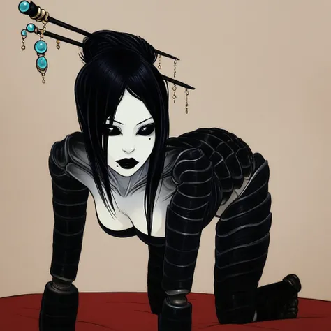 lips, all fours, mole, jewelry, black lips, black eyes, strapless, hair stick, colored sclera, arthropod girl