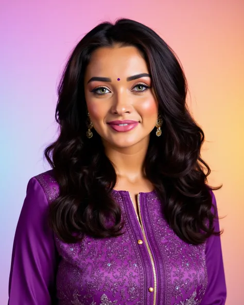 headshot photo of Amy Jackson woman,candid photo with natural colors, grinning expression on face,studio quality, wearing intricate conservative long sleeved Purple Sharara Suit, curls, pastel shaded multicolored background, cinematic soft lighting<lora:Te...