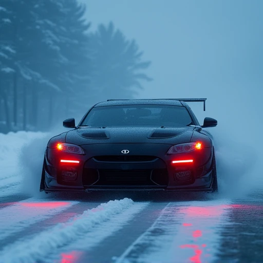 casting a dramatic, This is a photograph taken in a dramatic, driving on a snowy, ethereal atmosphere., cinematic scene of a sleek, parked on a misty, and a prominent front splitter., The image is a high-resolution photograph capturing a dramatic, but the ...