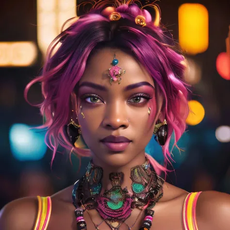 masterpiece, close-up shot, intricate photo, photo of a beautiful african cyberpunk model with light brown skin, photo realistic, hyper realistic, highly detailed, sharp focus, colorful, neon-colors, cozy outdoor lighting, front light, studio quality, high...