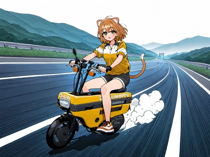 1girl,
drifting, (skid mark:1.2), sliding, dust cloud, riding bike, looking at viewer, shot from afar, 
spark, smoke, electric spark, riding motocompo bike, yellow bike, 
outdoors, highway, road, scenery, tail slide, wide shot, dutch angle, 
(best quality:...