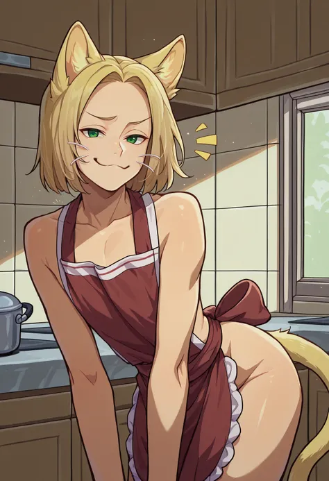 masterpiece, best quality, 1boy, solo, <lora:NSPolandHetalia:1> NSPolandMisc, medium hair, green eyes, blonde hair, androgynous, kitchen, indoors, cat ears, naked apron, red apron, white trim, happy, cat ears, cat tail, yellow ears, yellow tail, whiskers, ...