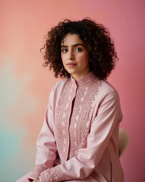 cowboy shot photo of Sanya Malhotra woman,hyper realistic candid photo with natural colors, serious expression on face,studio quality, wearing intricate conservative turtleneck Rose Quartz Kurti with Leggings, curls, pastel shaded multicolored background, ...