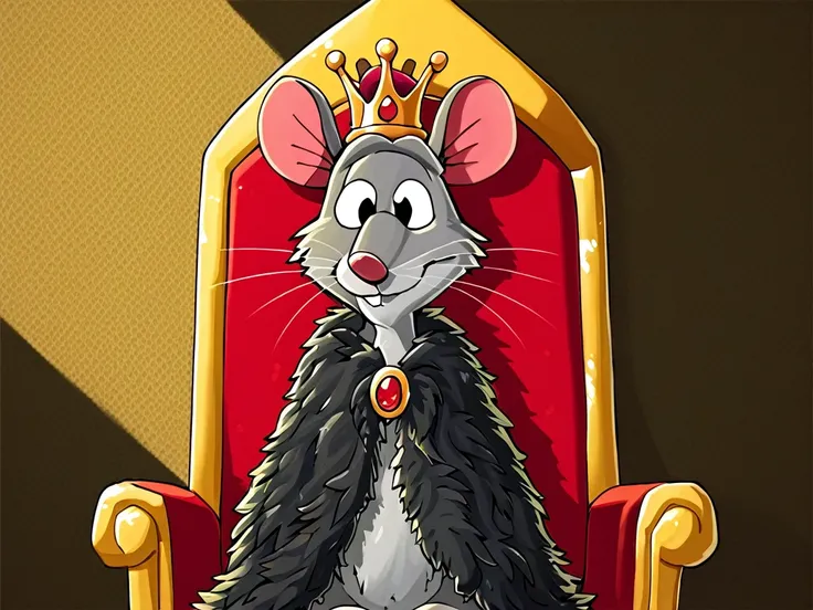 score_9, score_8_up, score_7_up, score_6_up, horrhist, no humans, mouse, grey fur, mouse ears, animal ears, tail, king, king, crown, mouse wearing crown, male focus, 1boy, solo, male, light smile, light smile, indoors, throne, 2d, flat color, detailed back...