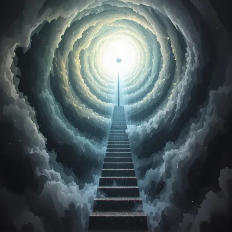 Geometric Abstraction, Ascension of Truth from Chaos: A spiral staircase of radiant light emerging from a swirling maelstrom, guiding the way upward.