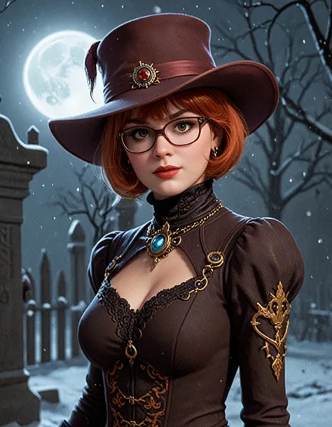 An enigmatic (Velma (Scoobydoo):1.5), dressed as a steampunk vampire hunter, stands amidst a snow-covered Victorian Graveyard under the moonlit night. The close-up portrait focuses on her head and shoulders; she wears a stylish fedora. Her eyes exude a sha...