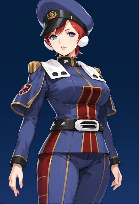 score_9, score_8_up, score_7_up, score_6_up, score_5_up, score_4_up, source_anime, nance rezner, short hair, red hair, blue eyes, military uniform, hat, mature woman, anime style