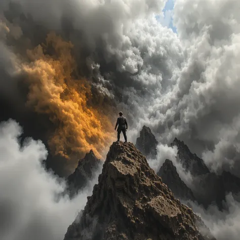 Photomontage, Exploration of Chaos in the Mountain of Fate: A wanderer scaling jagged peaks, the winds shifting unpredictably with every step.