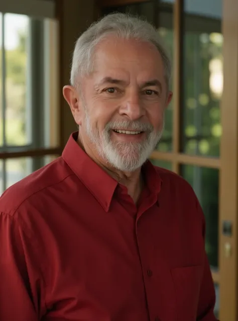 portrait closeup of lul4pt man, posing on a office, glass window, serene and warm, natural lighting, soft focus, high-resolution, elegant and introspective atmosphere, quiet sophistication, wearing a red shirt all buttons closed, slight smile