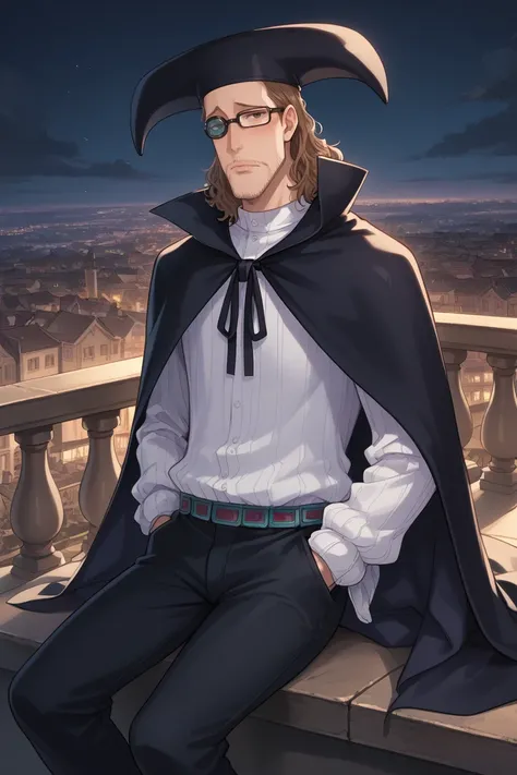 score_9,score_8_up,score_7_up,source_anime,BREAK, 1boy, solo, Van Augur, slim, brown hair, black eyes, glasses, facial hair, hat, shirt, pants, belt, cape,shoes(deeply,sexy,blush,emotionless),sitting, sitting on balcony,with legs crossed,hands in pocket,ou...