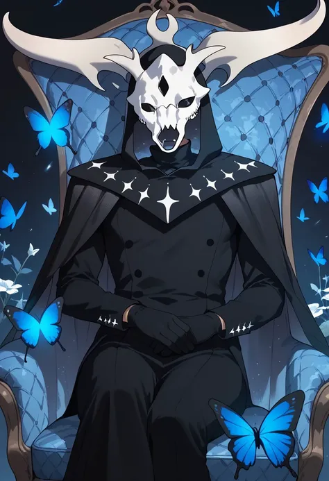 score_9, score_8_up, score_7_up, score_6_up,  Nebulagod, male, flowing black cape, cape collar starry designs, skeletal animal skull mask, curved horns, starry void within hood, black long sleeves, black gloves, black hood with horn crown, bug, butterfly, ...