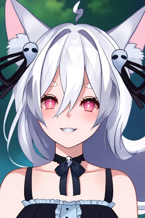 score_9, score_8_up, score_7_up, score_6_up, BREAK, PookyBooVTPXLv2, pink eyes, white hair, long hair, hair between eyes, hair ornament, ahoge, animal ears, animal ear fluff, black choker, medium breasts, bare shoulders, black ribbon, black dress, solo, fr...