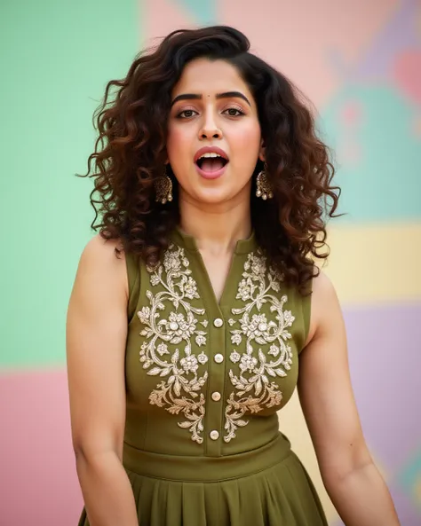 full body photo of Sanya Malhotra woman,hyper realistic candid photo with natural colors, shouting expression on face,studio quality, wearing intricate conservative sleeveless Olive Punjabi Suit, curls, pastel shaded multicolored background, cinematic soft...