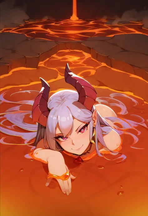 score_9, score_8_up, score_7_up, demon girl, looking at viewer, dark background, (submerged), floor, long hair, through floor, (glowing eyes:0.4), fog, ((hand on floor, lava, head tilt)), leaning, skinny, (glaring:0.5), naughty face, horns, halo, foam, jew...