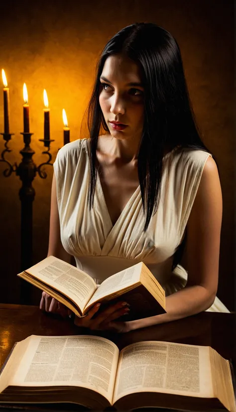 score_9, score_8_up, score_7_up, score_6_up, realistic, 1girl, attractive woman, Scene description: 1girl in Greek mythology sits in a dim study, holding a yellowed ancient book in her hand, the pages of which are full of legends about her. She looks focus...