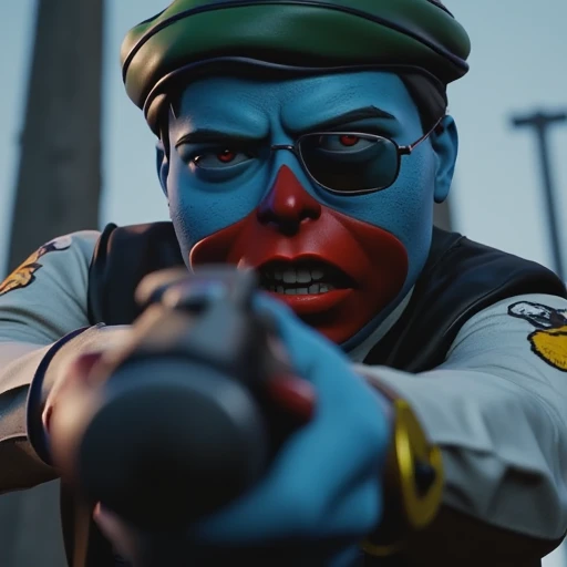 A murderous scene of a (scrotoshi with blue skin and red paint around lips)) holding a sniper rifle directly at the viewer, scope and target visible, action scene, photorealistic, octane, 3d render, cinema4d