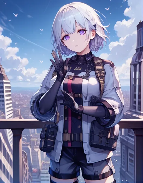 <lora:RPK-16_Girls_Frontline:1> white hair, short hair, bangs, purple eyes, rpk16, gray jacket, black gloves black shorts, black thighhighs, boots, pouches, city setting, blue sky, clouds, solo <lora:Eyes_High_Definition:1> eyeshd, high gradient eyes, deta...