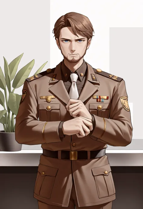 masterpiece, best quality, 1boy, solo,  jeloanrsn, brown hair, blue eyes, facial hair, military uniform, brown jacket, white necktie, belt, brown pants, office, desk, plant, standing, straight-on, adjusting sleeves, looking at viewer, serious<segment:yolo-...