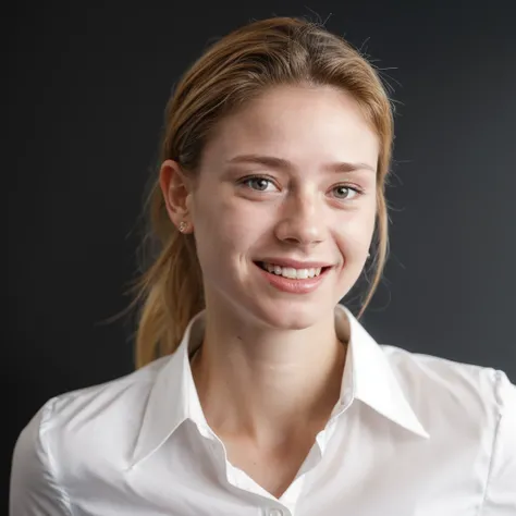 1girl, ultrarealistic, real photo, detailed skin, visible pores, photorealistic, (professional portrait photo), looking at viewer, (white collared blouse:1.2), (dark gray background), headshot, smiling, DSLR, 35mm lens, shallow depth of field
 <lora:cg91_i...