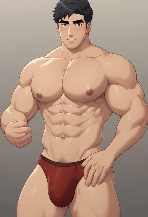 1mypts5, solo, big penis, looking at viewer, short hair, black hair, red underwear, 1boy, nipples, bulge, male focus, thighs, nude, looking back, completely nude, muscular, back, thick thighs, abs, thick eyebrows, pectorals, muscular male, bara, large pect...