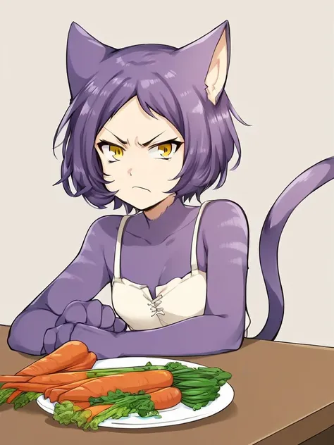 <lora:Fuzzball-PonyXL-1024px-v1.1:0.9>
score_5_up,
1girl, fzbll, solo, table, plate, vegetables, camisole, purple hair, tail, frown, disgust, pout, yellow eyes, eyebrows,  simple background