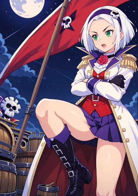 score_9, score_8_up, score_7_up, source_anime BREAK, 1girl, solo, captainrosepony, white hair, short hair, green eyes, white coat, rose, cravat, epaulettes, dark purple hairband, bare forehead, pulled back hair,  skulls and crossbones, red shirt, waist bel...