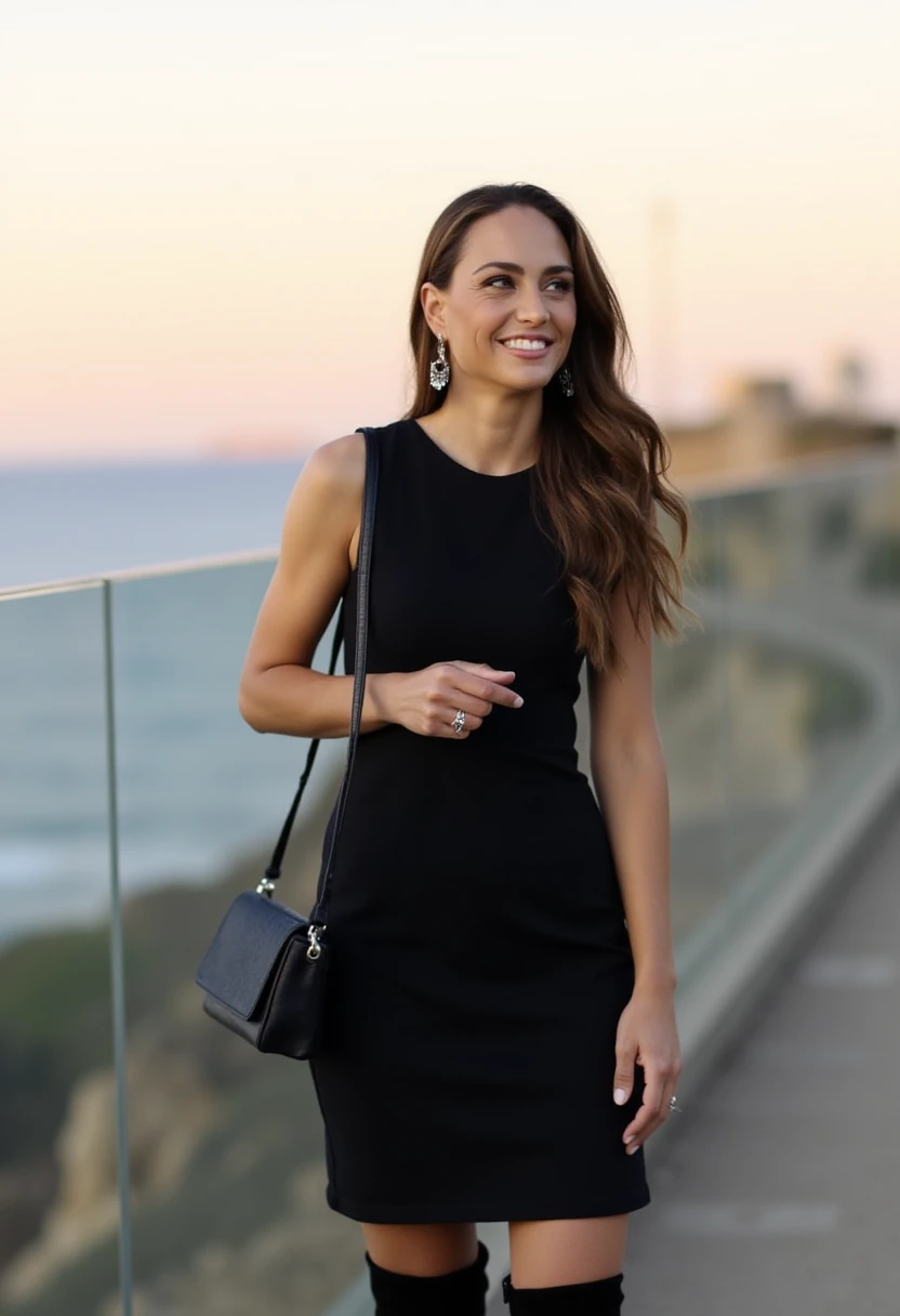 This is a photograph of FR4NC4, a young woman standing on a coastal cliff during sunset. The sky is painted with a gradient of soft colors, transitioning from a warm orange near the horizon to a pale blue further up, suggesting a serene and tranquil atmosp...