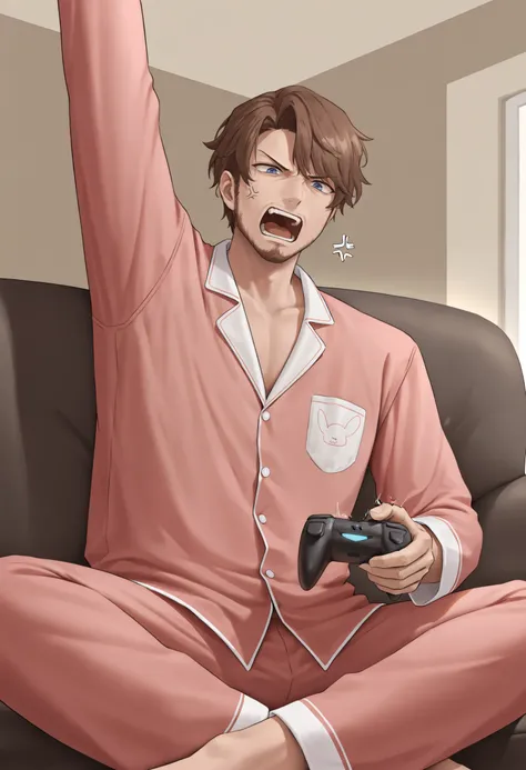 masterpiece, best quality, 1boy, solo,  jeloanrsn, brown hair, blue eyes, facial hair, pajamas, anger vein, twitching, playing games, holding controller, arm up, butterfly sitting, on couch, indoors, apartment, looking down, shouting, open mouth, GRAAAAAAA...