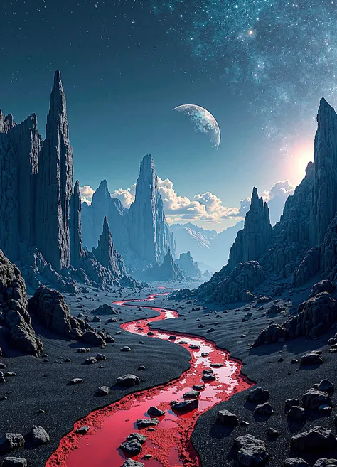 A strange and distorted landscape stretches as far as the eye can see. Crystal mountains rise up into the sky, their facets sliding in the starlight. Valleys of black sand and red dust stretch between the mountains, like scars on the planets surface. Stran...