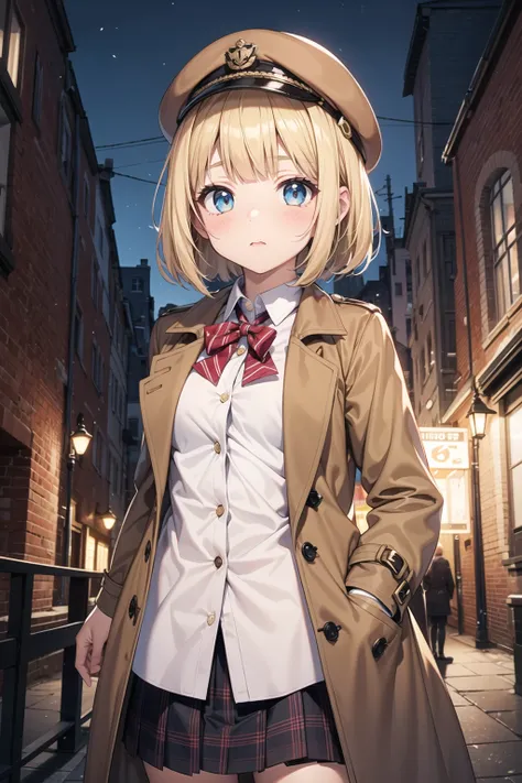 British 1girl,kawaii,cute detailed face,20yo,blonde hair, bob cut, detective,brown flat cap,brown trench coat, checkered skirt, cinematic lighting,looking at viewer,